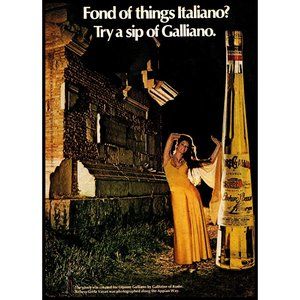 1972 Liquore Galliano Vintage Print Ad Italian Brunette Yellow Dress Wall Art